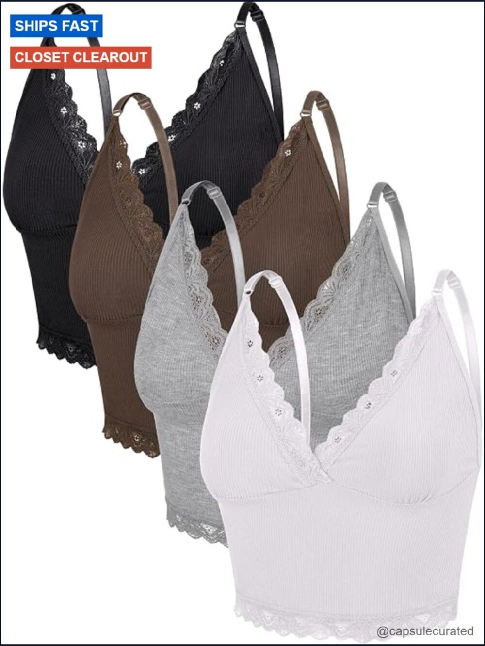 4 Pcs Sleeveless Lace Trim V Neck Spaghetti Strap Crop Tank Top Set